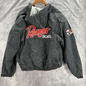 VTG Ranger Boats Jacket Mens XL Black Hooded Nylon Snap Full Zip